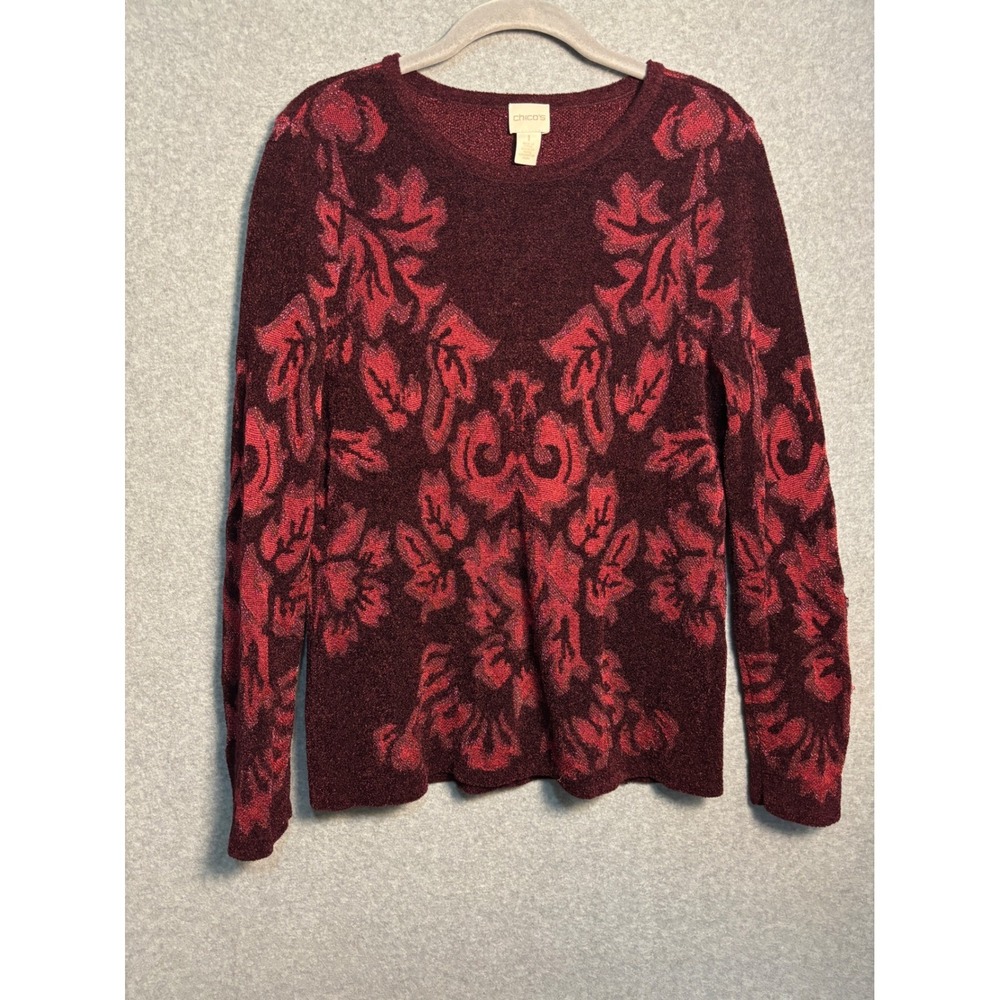 Chico's Size 1 Metallic Floral Sweater Burgundy Red Shimmer Holiday Gothic Top
